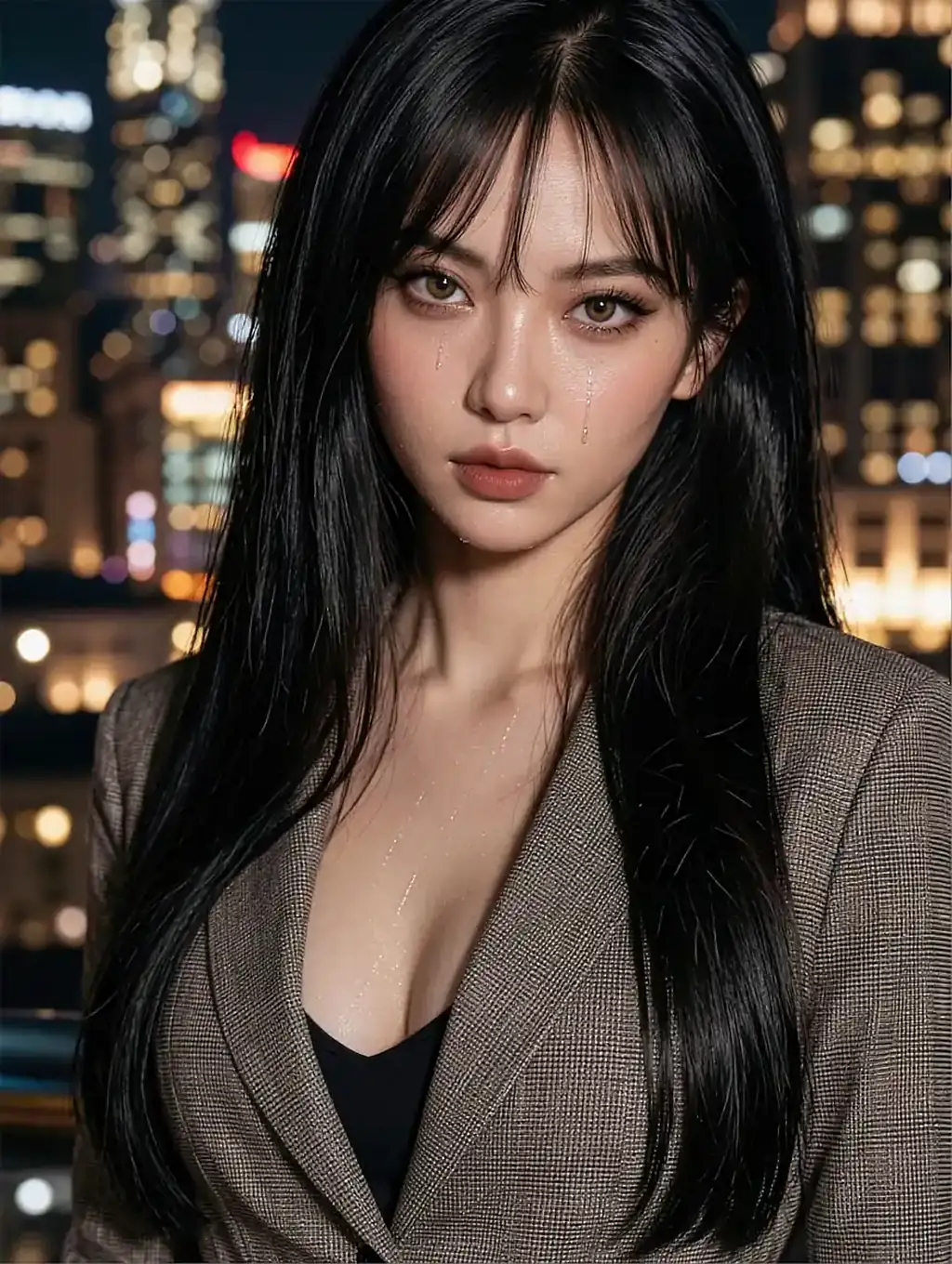 Fictional AI character featured on the fourth landing page, at night